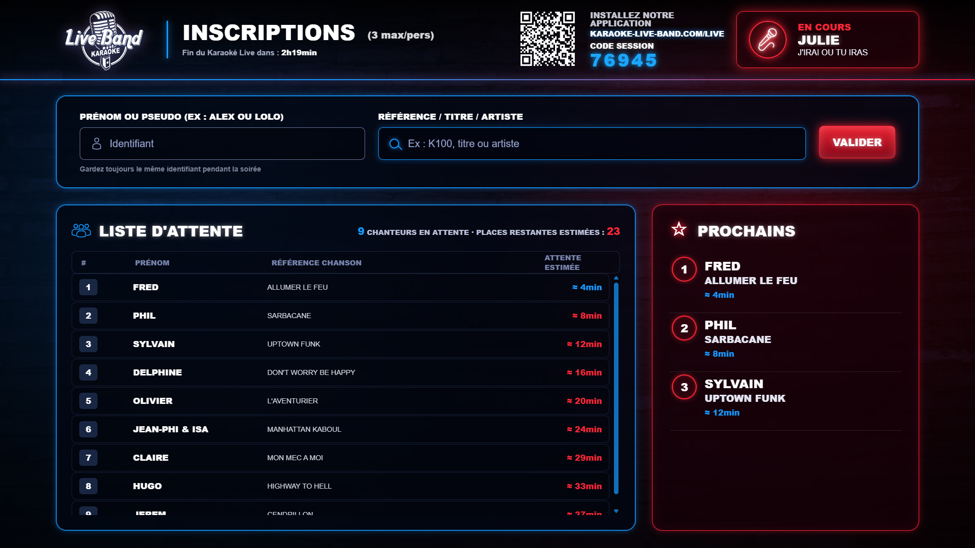 Interface d’inscription Karaoké Live Band avec QR code et liste d’attente