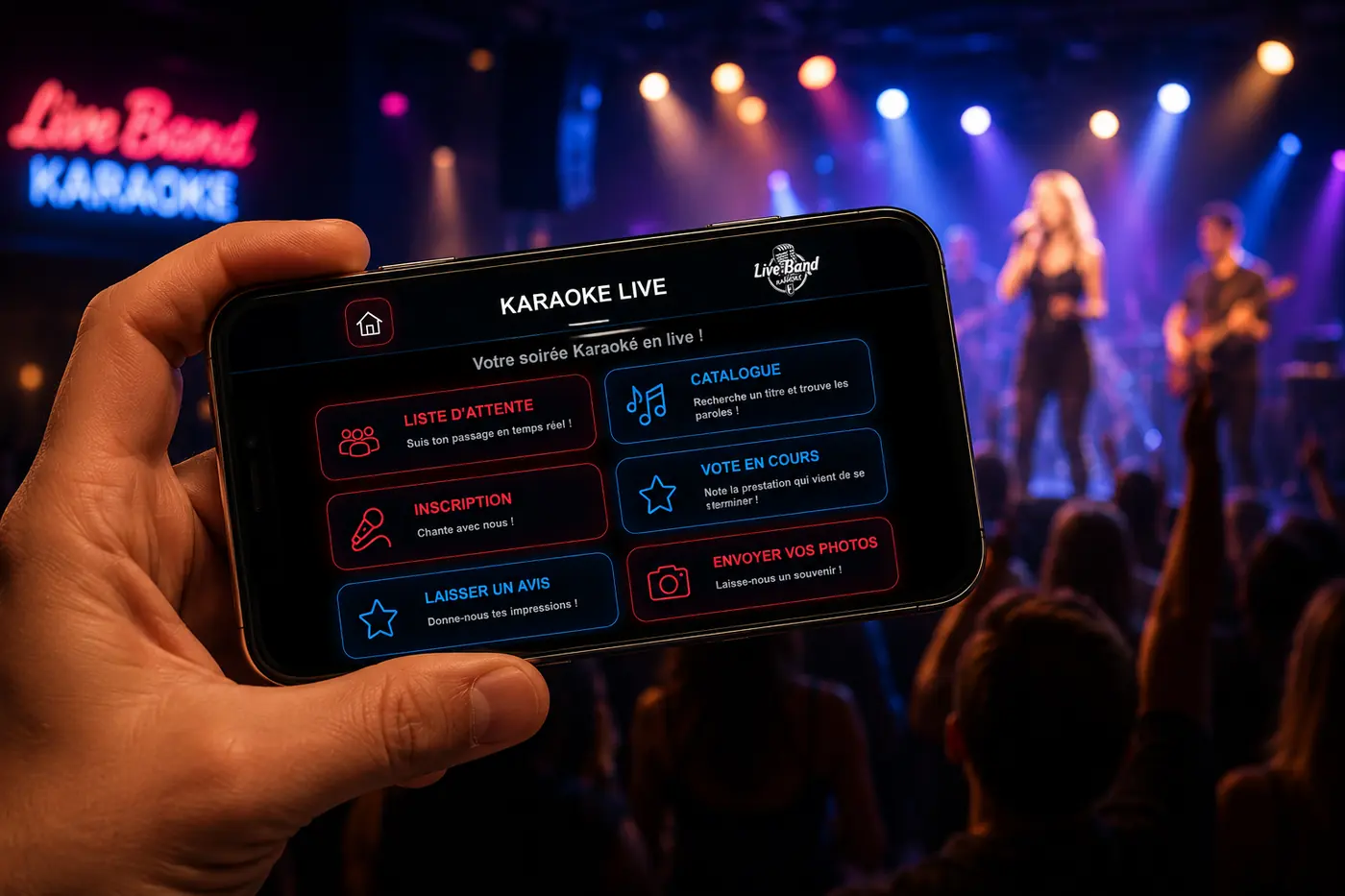 Application mobile Karaoké Live Band affichée sur smartphone pendant un concert live