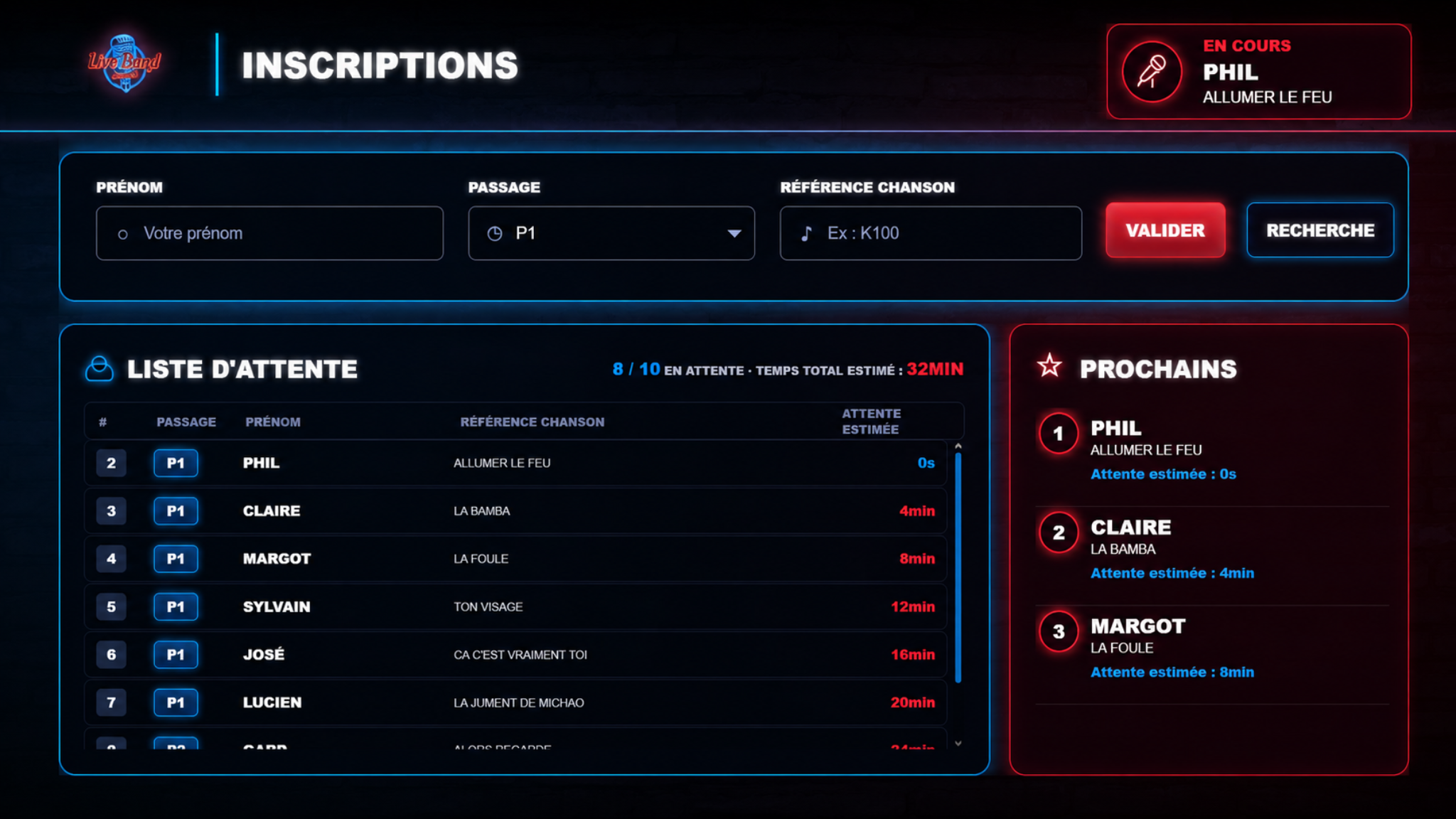 Interface d’inscription du Karaoké Live Band avec liste d’attente et prochains chanteurs